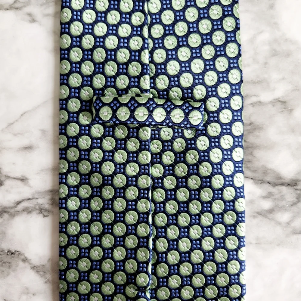 100% Silk Hand Made Mens Necktie, Green & Blue Pattern